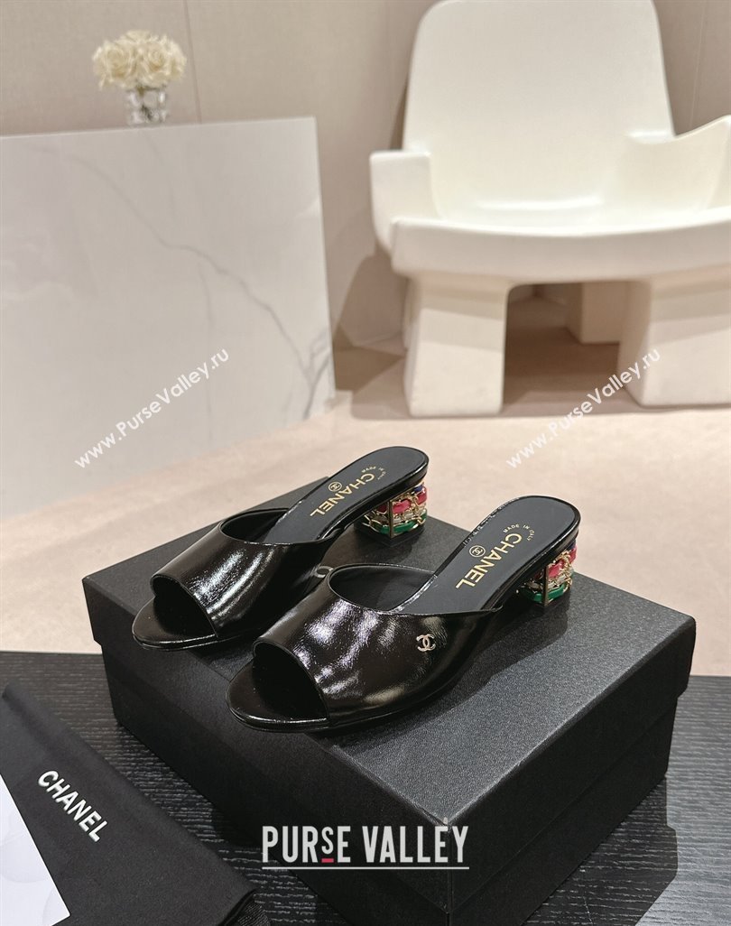 Chanel Shiny Calfskin Heel Slide Sandals 4.5cm with Colored Heel Black 2024 0424 (MD-240424066)
