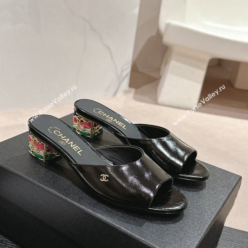 Chanel Shiny Calfskin Heel Slide Sandals 4.5cm with Colored Heel Black 2024 0424 (MD-240424066)