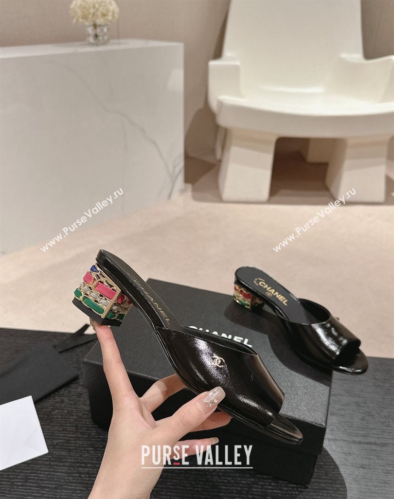 Chanel Shiny Calfskin Heel Slide Sandals 4.5cm with Colored Heel Black 2024 0424 (MD-240424066)