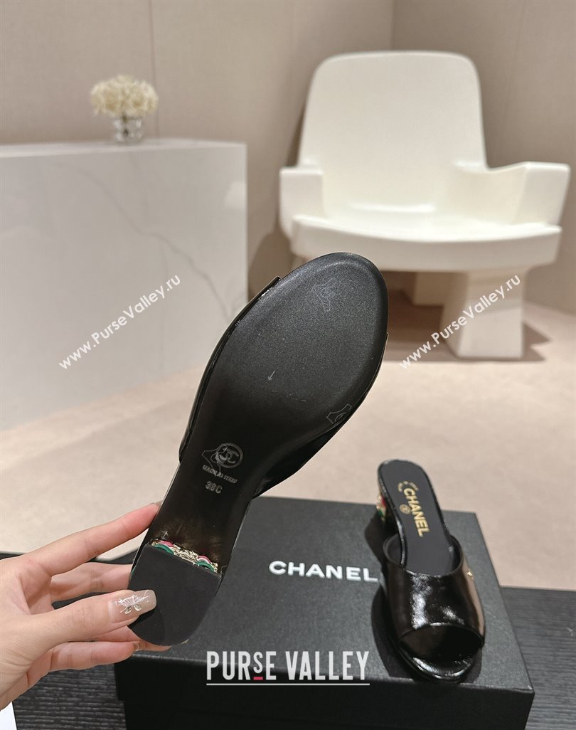 Chanel Shiny Calfskin Heel Slide Sandals 4.5cm with Colored Heel Black 2024 0424 (MD-240424066)