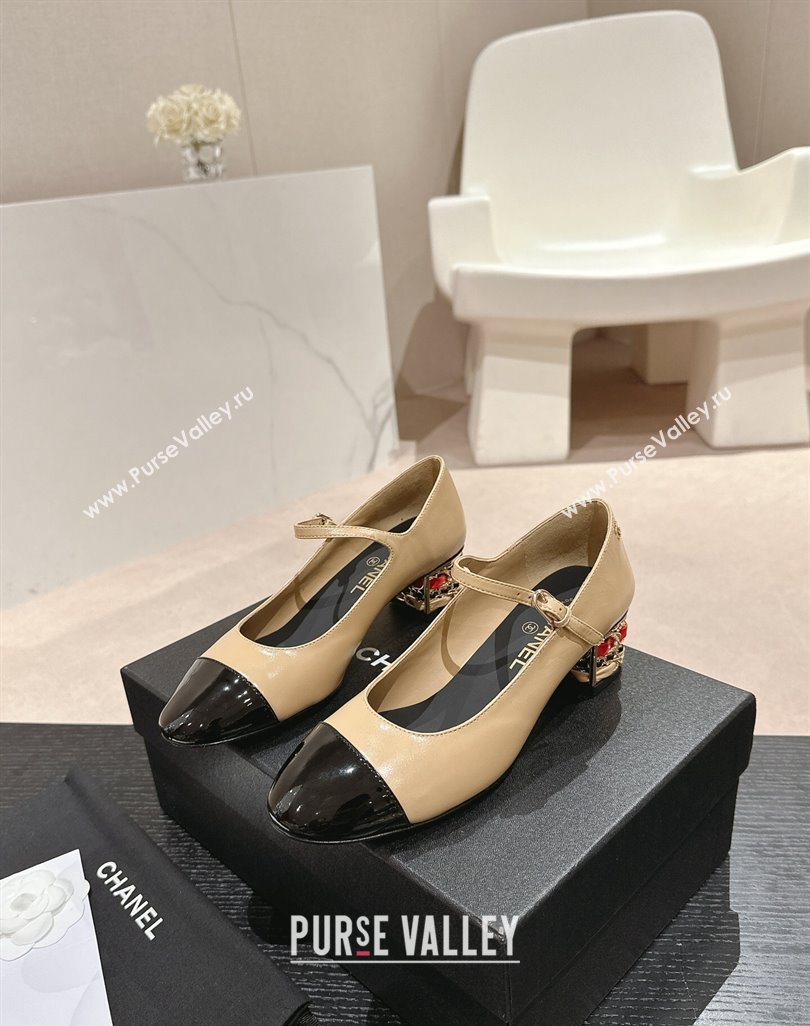 Chanel Shiny Calfskin Mary Janes Pumps 4.5cm with Colored Heel Beige 2024 0424 (MD-240424071)