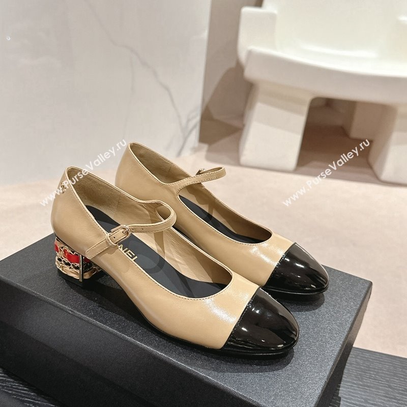 Chanel Shiny Calfskin Mary Janes Pumps 4.5cm with Colored Heel Beige 2024 0424 (MD-240424071)
