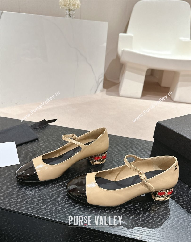 Chanel Shiny Calfskin Mary Janes Pumps 4.5cm with Colored Heel Beige 2024 0424 (MD-240424071)