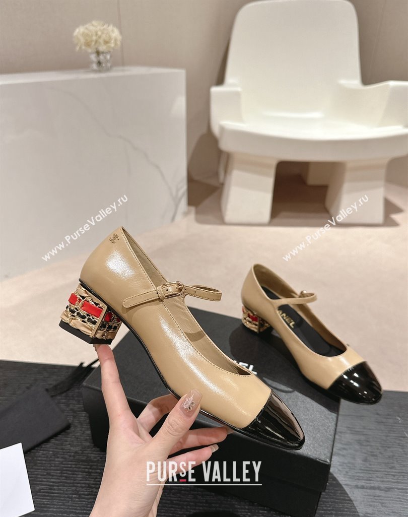 Chanel Shiny Calfskin Mary Janes Pumps 4.5cm with Colored Heel Beige 2024 0424 (MD-240424071)