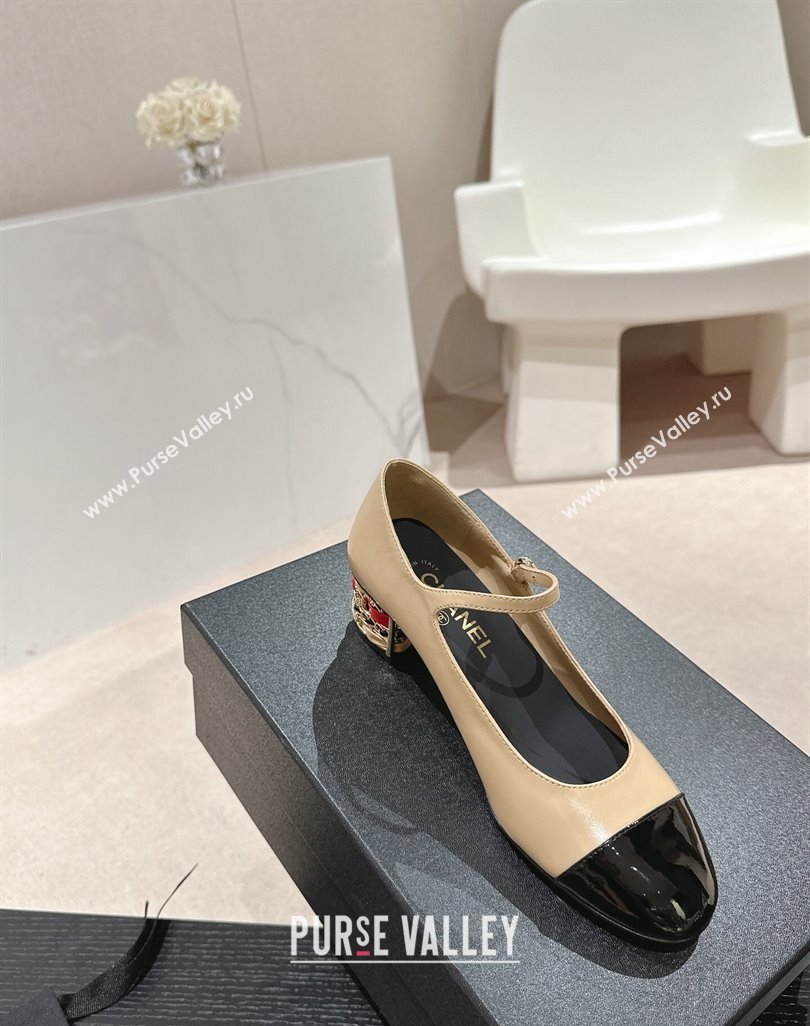 Chanel Shiny Calfskin Mary Janes Pumps 4.5cm with Colored Heel Beige 2024 0424 (MD-240424071)