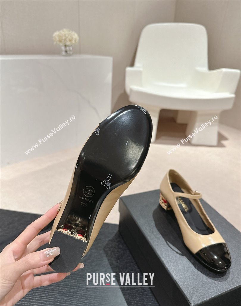 Chanel Shiny Calfskin Mary Janes Pumps 4.5cm with Colored Heel Beige 2024 0424 (MD-240424071)