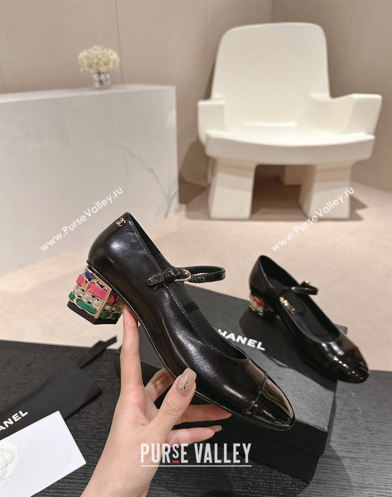 Chanel Shiny Calfskin Mary Janes Pumps 4.5cm with Colored Heel Black 2024 0424 (MD-240424072)