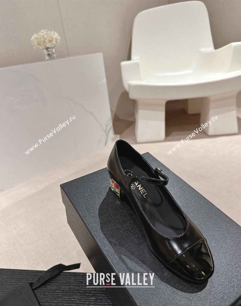 Chanel Shiny Calfskin Mary Janes Pumps 4.5cm with Colored Heel Black 2024 0424 (MD-240424072)