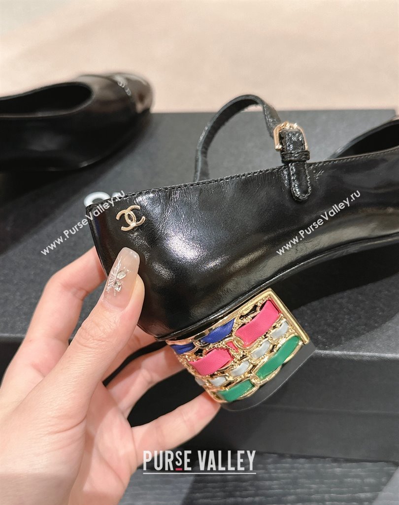 Chanel Shiny Calfskin Mary Janes Pumps 4.5cm with Colored Heel Black 2024 0424 (MD-240424072)