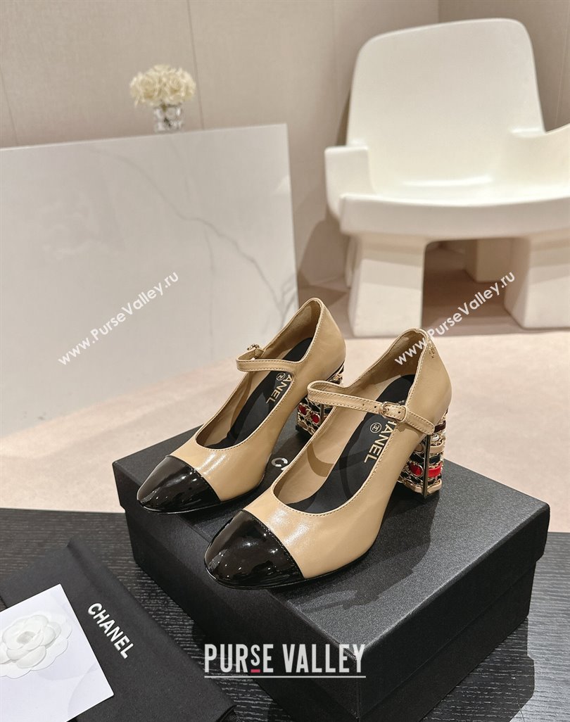 Chanel Shiny Calfskin Mary Janes Pumps 8.5cm with Colored Heel Beige 2024 0424 (MD-240424074)