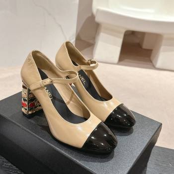 Chanel Shiny Calfskin Mary Janes Pumps 8.5cm with Colored Heel Beige 2024 0424 (MD-240424074)