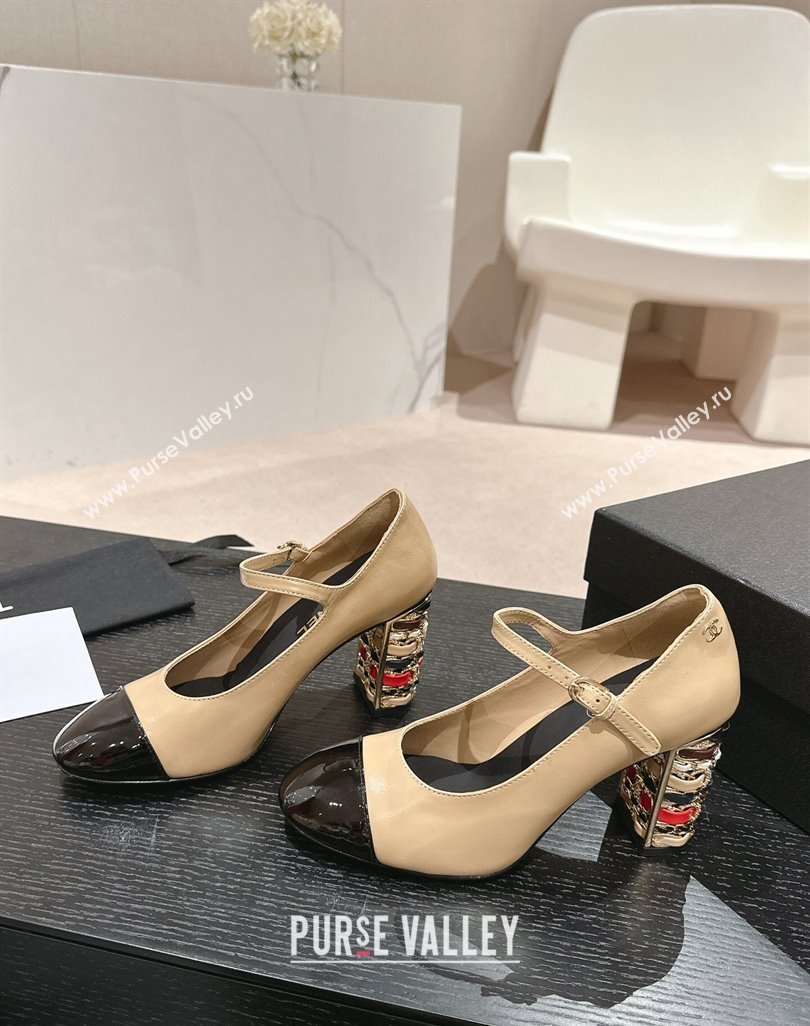 Chanel Shiny Calfskin Mary Janes Pumps 8.5cm with Colored Heel Beige 2024 0424 (MD-240424074)