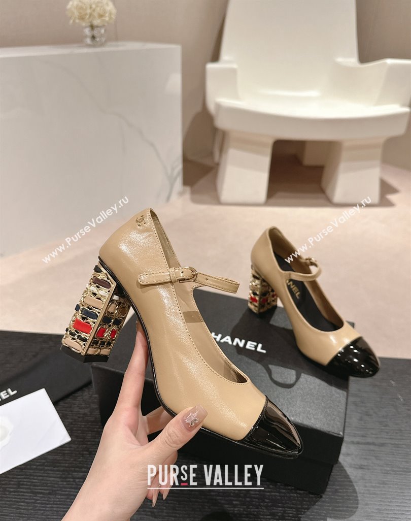 Chanel Shiny Calfskin Mary Janes Pumps 8.5cm with Colored Heel Beige 2024 0424 (MD-240424074)