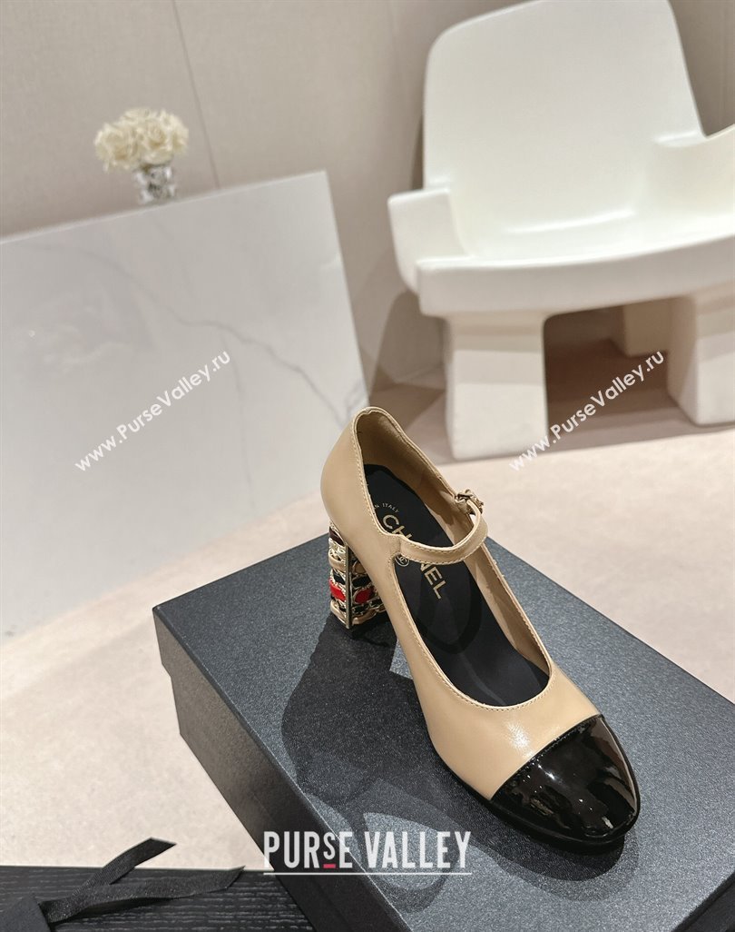 Chanel Shiny Calfskin Mary Janes Pumps 8.5cm with Colored Heel Beige 2024 0424 (MD-240424074)