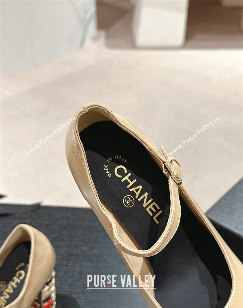 Chanel Shiny Calfskin Mary Janes Pumps 8.5cm with Colored Heel Beige 2024 0424 (MD-240424074)