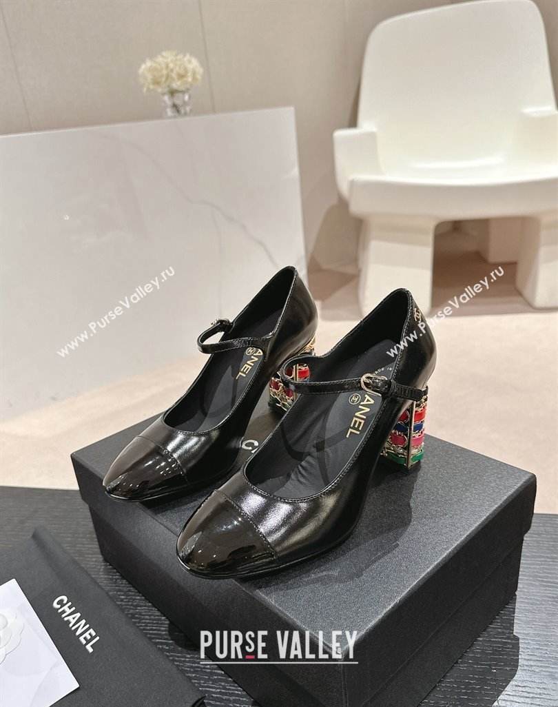 Chanel Shiny Calfskin Mary Janes Pumps 8.5cm with Colored Heel Black 2024 0424 (MD-240424075)