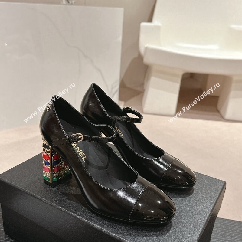 Chanel Shiny Calfskin Mary Janes Pumps 8.5cm with Colored Heel Black 2024 0424 (MD-240424075)