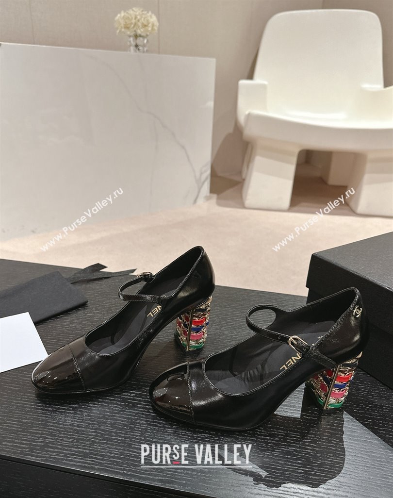 Chanel Shiny Calfskin Mary Janes Pumps 8.5cm with Colored Heel Black 2024 0424 (MD-240424075)