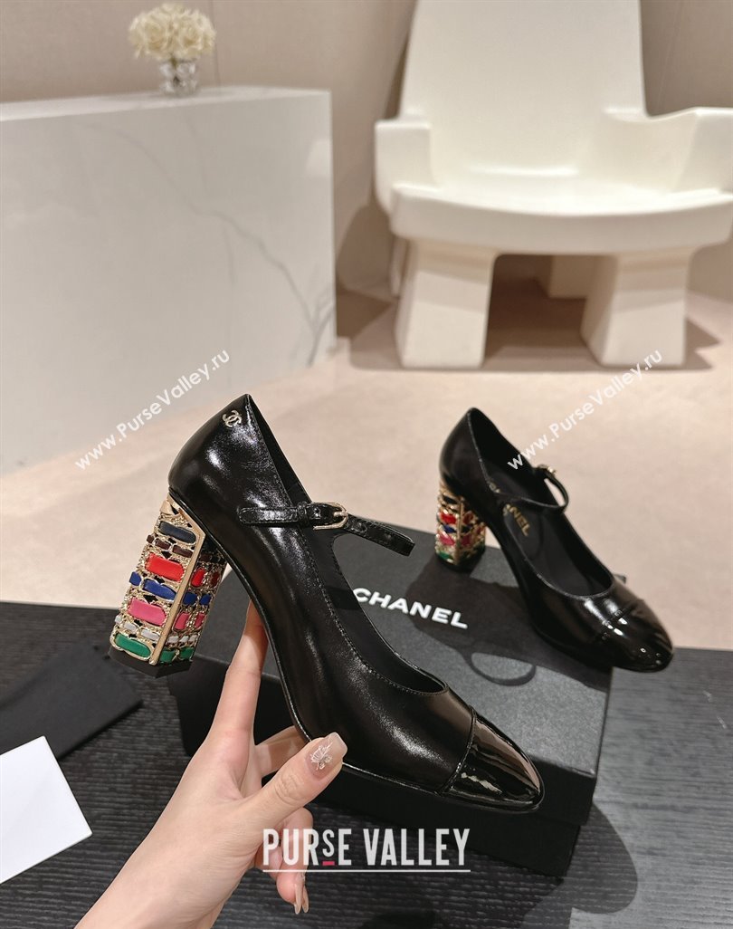 Chanel Shiny Calfskin Mary Janes Pumps 8.5cm with Colored Heel Black 2024 0424 (MD-240424075)