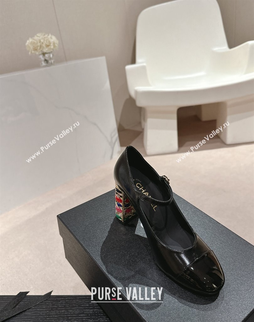Chanel Shiny Calfskin Mary Janes Pumps 8.5cm with Colored Heel Black 2024 0424 (MD-240424075)