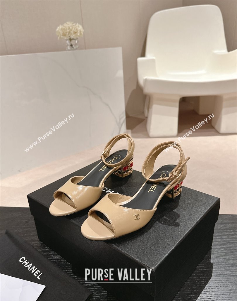 Chanel Shiny Calfskin Strap Sandals 4.5cm with Colored Heel Beige 2024 0424 (MD-240424077)