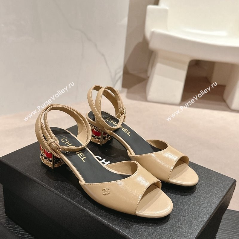 Chanel Shiny Calfskin Strap Sandals 4.5cm with Colored Heel Beige 2024 0424 (MD-240424077)