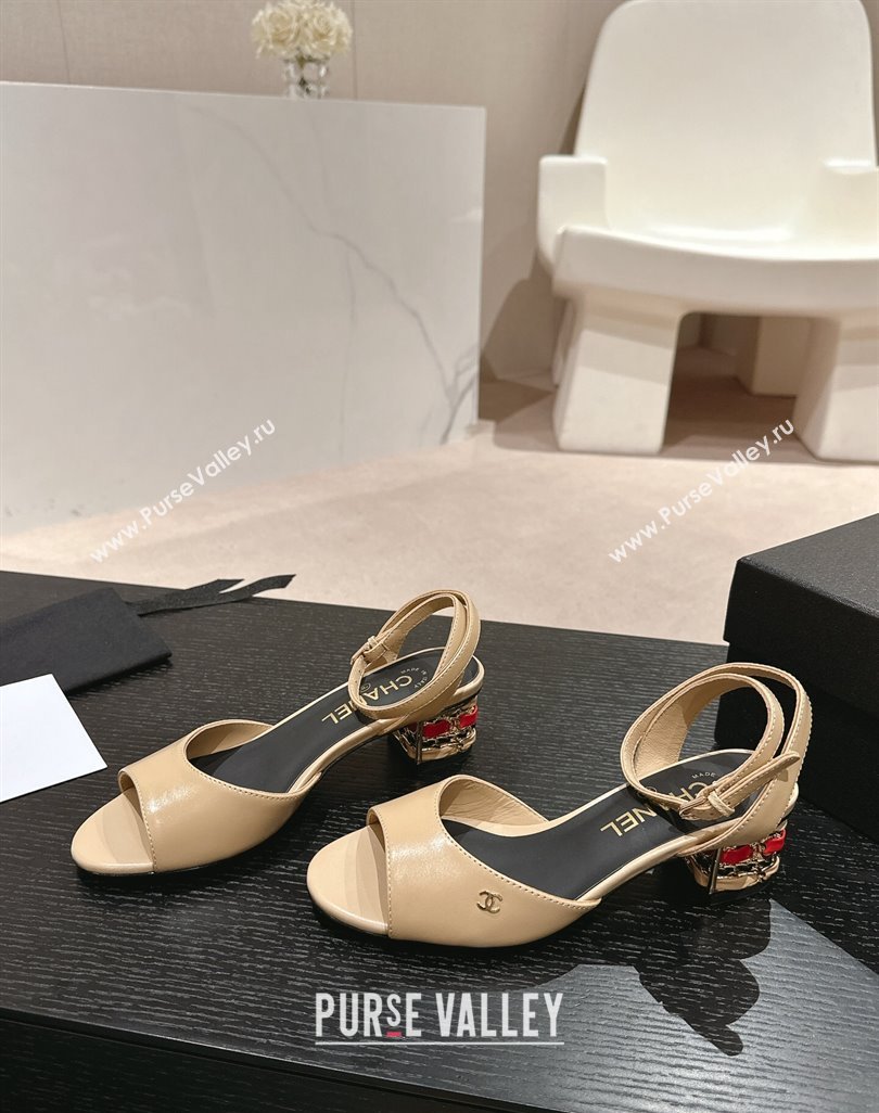 Chanel Shiny Calfskin Strap Sandals 4.5cm with Colored Heel Beige 2024 0424 (MD-240424077)