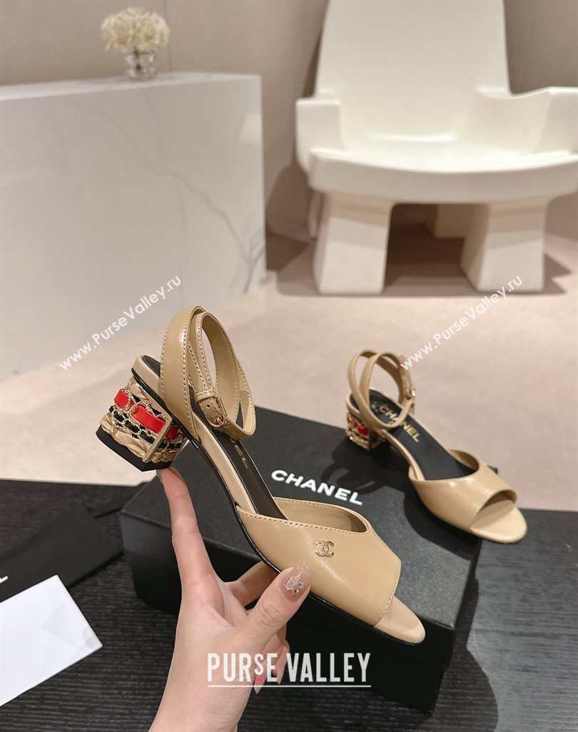 Chanel Shiny Calfskin Strap Sandals 4.5cm with Colored Heel Beige 2024 0424 (MD-240424077)
