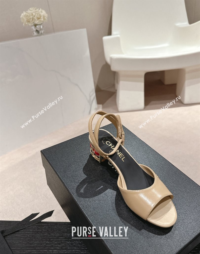 Chanel Shiny Calfskin Strap Sandals 4.5cm with Colored Heel Beige 2024 0424 (MD-240424077)