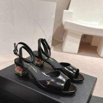 Chanel Shiny Calfskin Strap Sandals 4.5cm with Colored Heel Black 2024 0424 (MD-240424078)