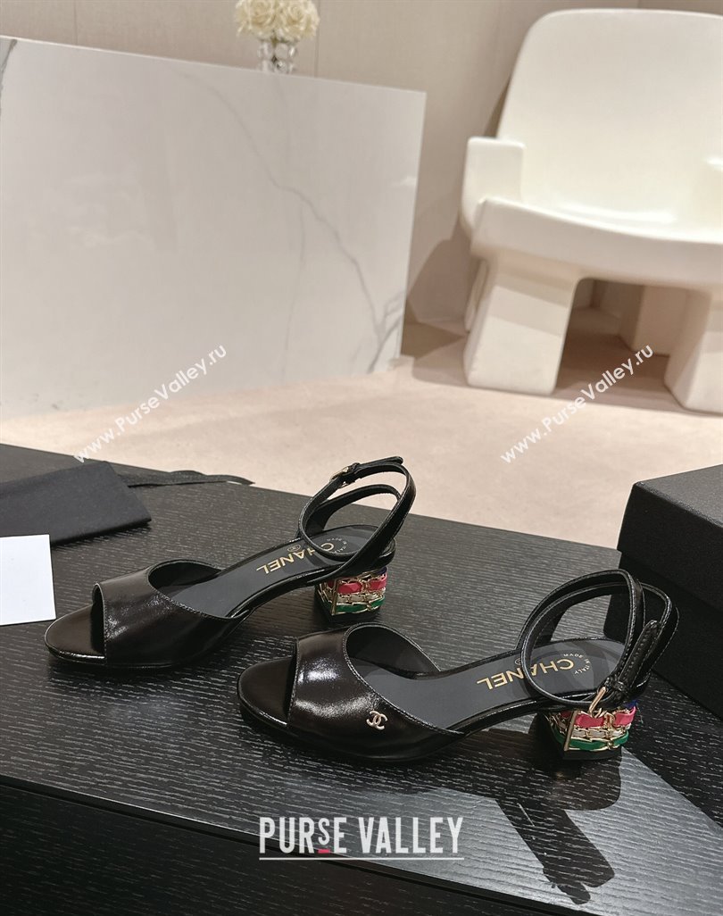 Chanel Shiny Calfskin Strap Sandals 4.5cm with Colored Heel Black 2024 0424 (MD-240424078)