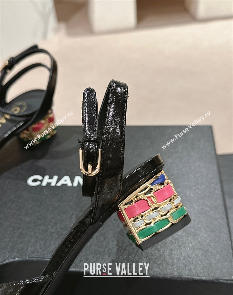 Chanel Shiny Calfskin Strap Sandals 4.5cm with Colored Heel Black 2024 0424 (MD-240424078)