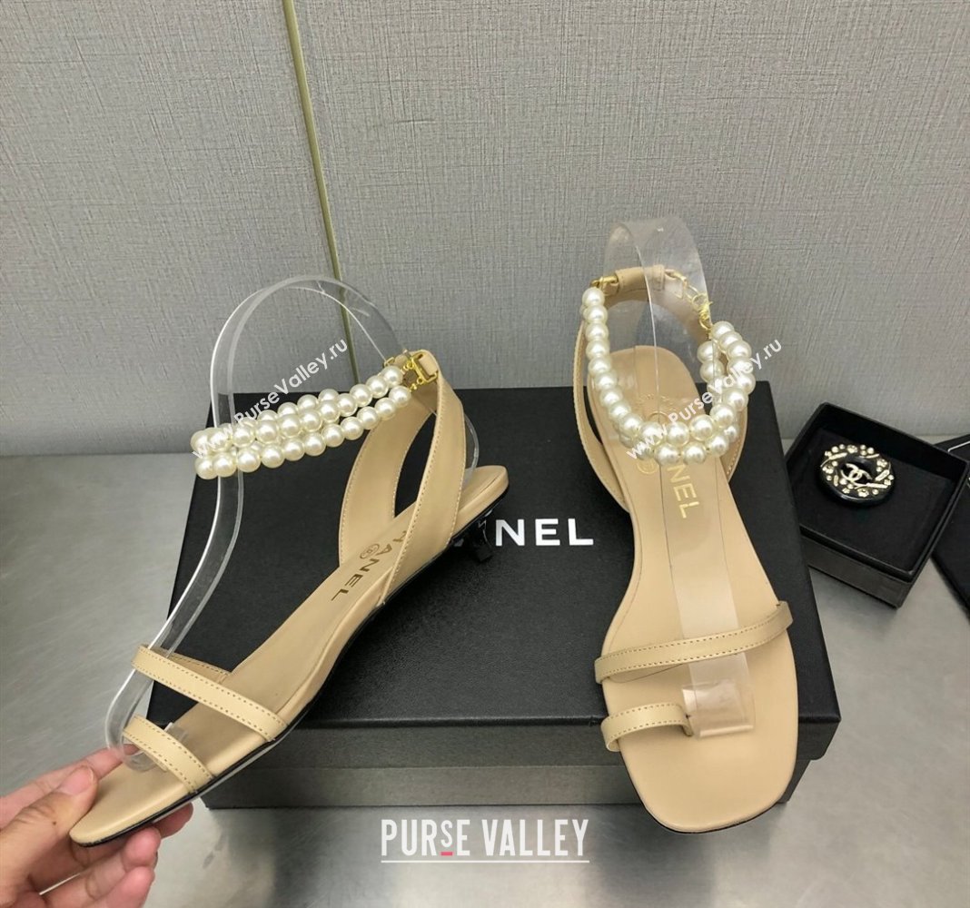Chanel Lambskin Heel Sandals with Pearls Ankle Strap Beige 2024 0423 (MD-240423002)