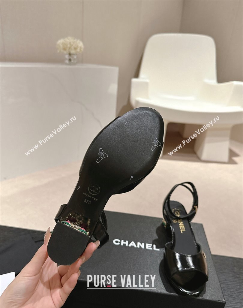 Chanel Shiny Calfskin Strap Sandals 4.5cm with Colored Heel Black 2024 0424 (MD-240424078)