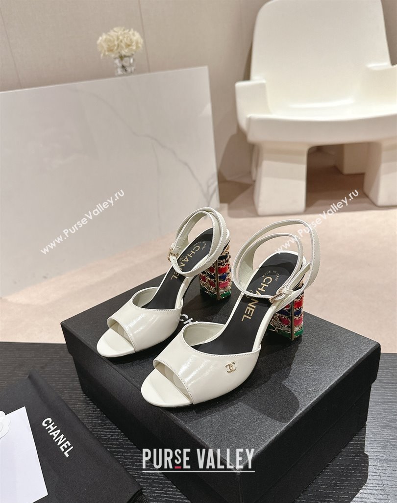 Chanel Shiny Calfskin Strap Sandals 8.5cm with Colored Heel White 2024 0424 (MD-240424079)