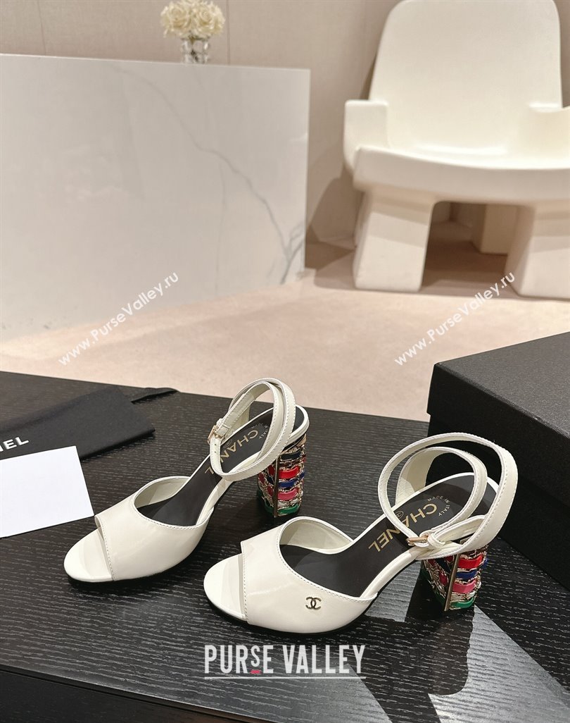 Chanel Shiny Calfskin Strap Sandals 8.5cm with Colored Heel White 2024 0424 (MD-240424079)