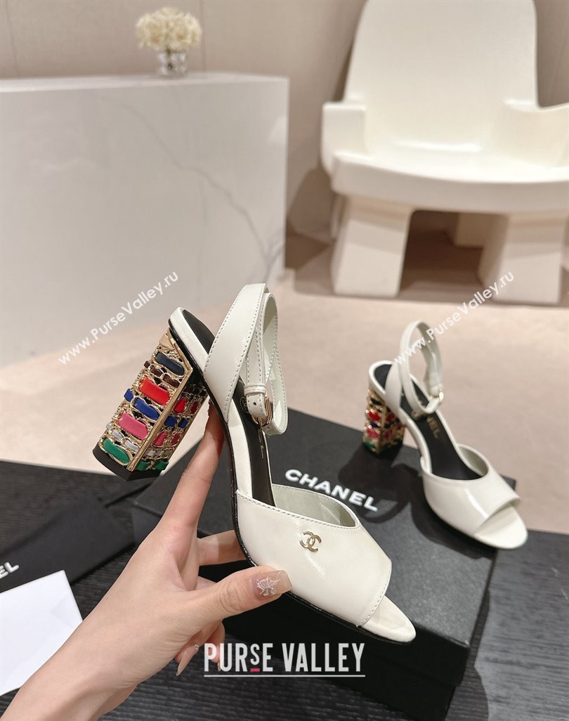 Chanel Shiny Calfskin Strap Sandals 8.5cm with Colored Heel White 2024 0424 (MD-240424079)