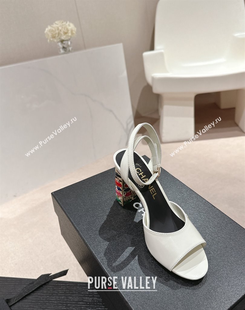 Chanel Shiny Calfskin Strap Sandals 8.5cm with Colored Heel White 2024 0424 (MD-240424079)