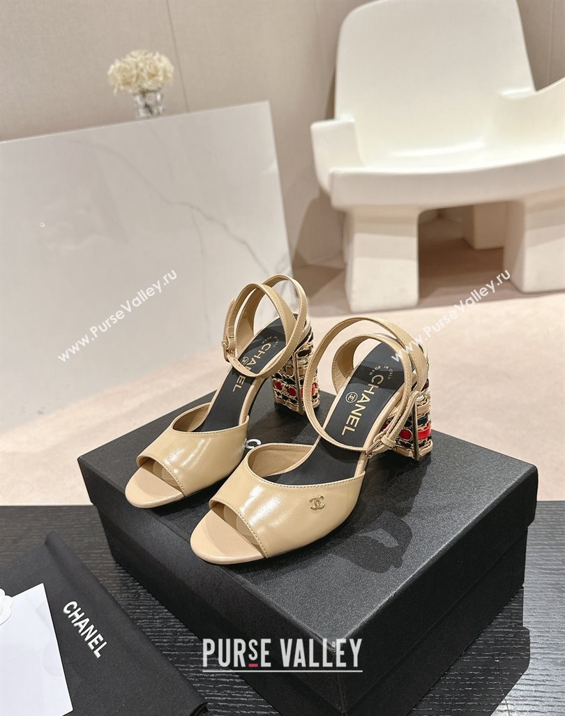 Chanel Shiny Calfskin Strap Sandals 8.5cm with Colored Heel Beige 2024 0424 (MD-240424080)