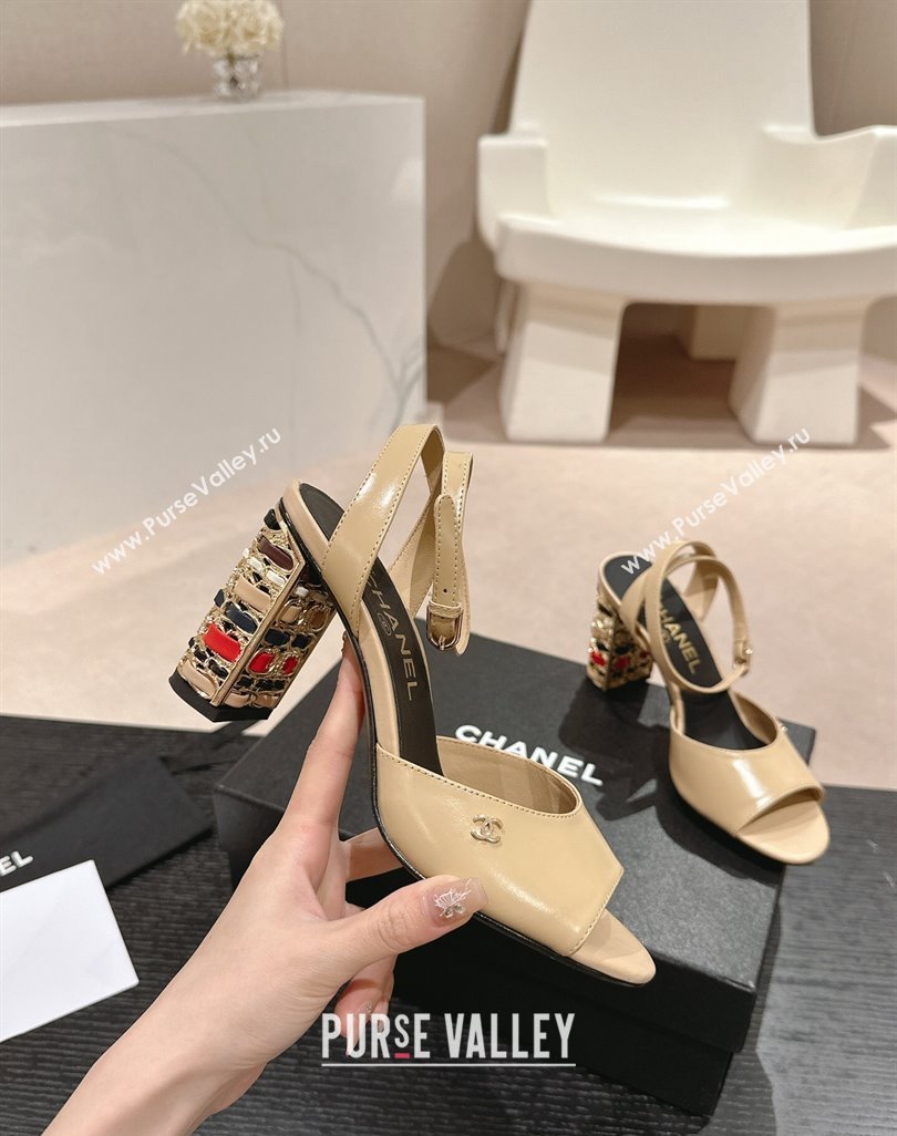 Chanel Shiny Calfskin Strap Sandals 8.5cm with Colored Heel Beige 2024 0424 (MD-240424080)