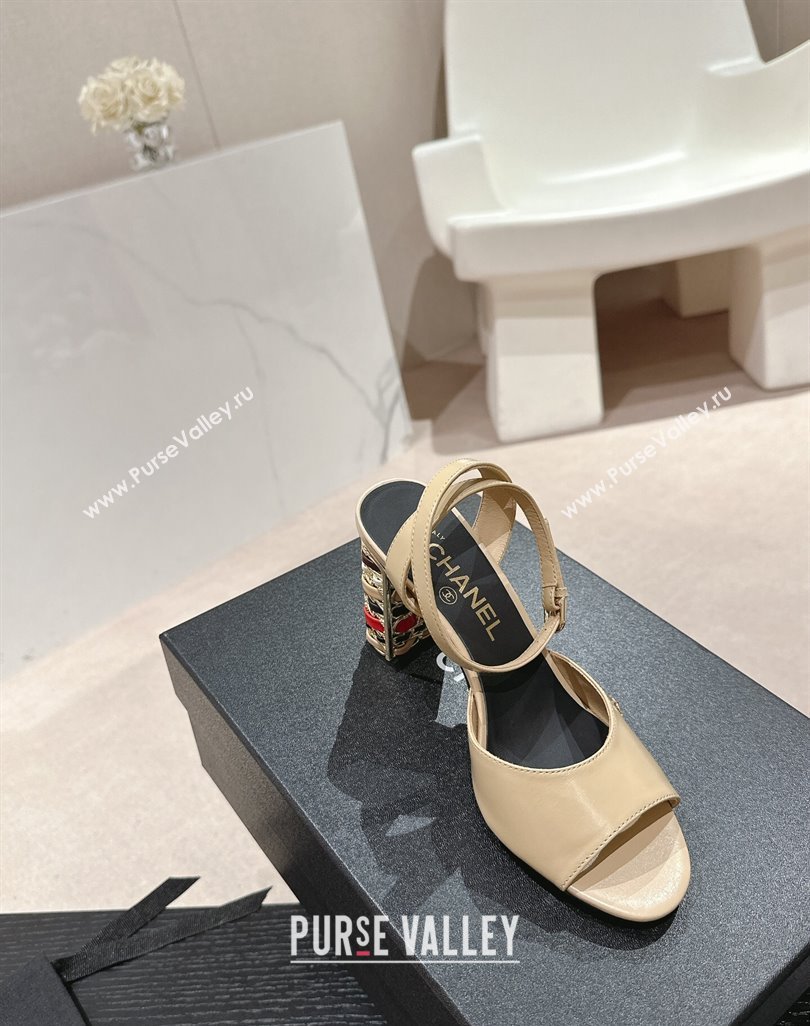 Chanel Shiny Calfskin Strap Sandals 8.5cm with Colored Heel Beige 2024 0424 (MD-240424080)