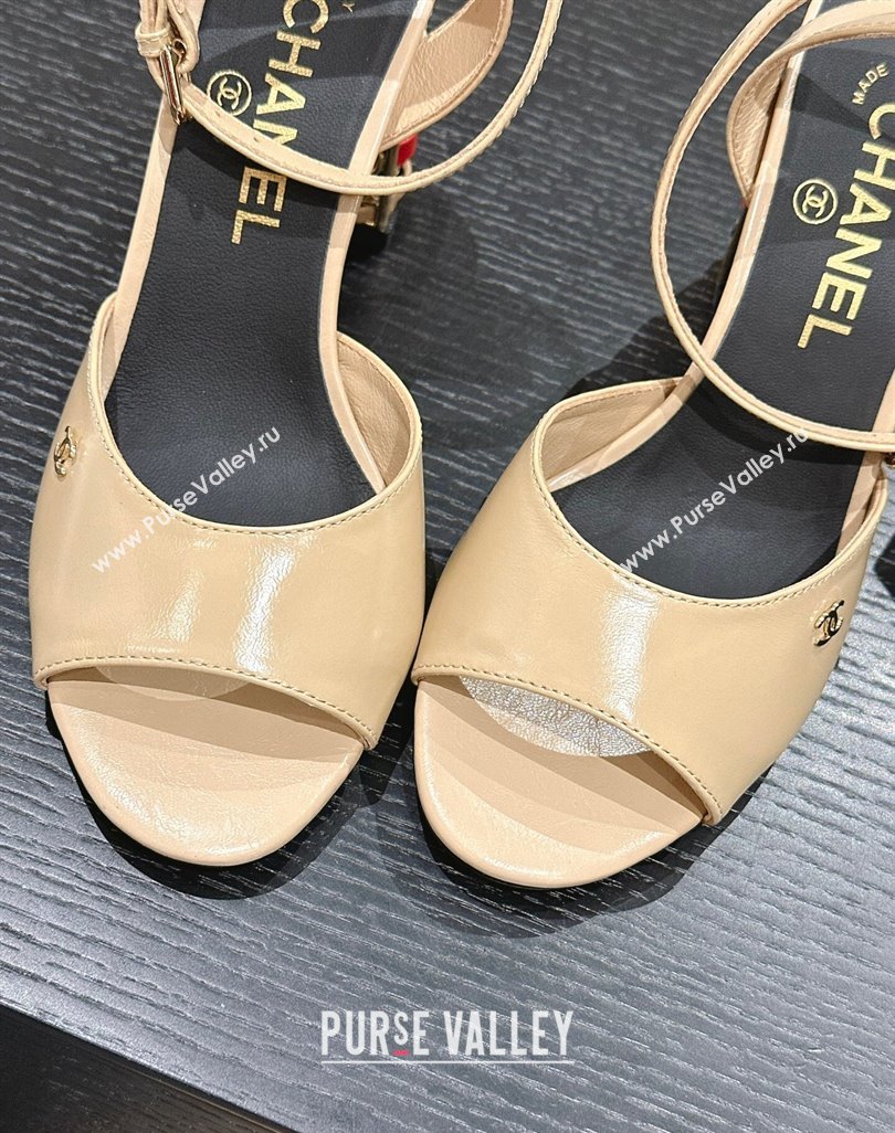 Chanel Shiny Calfskin Strap Sandals 8.5cm with Colored Heel Beige 2024 0424 (MD-240424080)