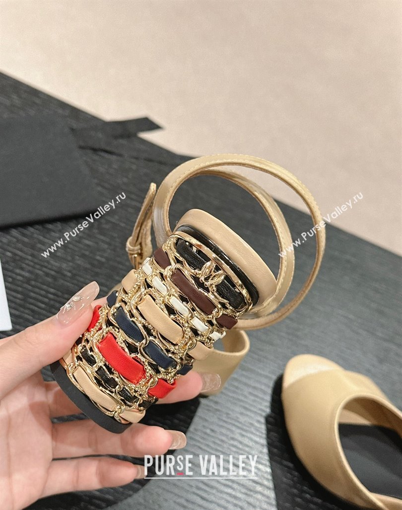 Chanel Shiny Calfskin Strap Sandals 8.5cm with Colored Heel Beige 2024 0424 (MD-240424080)