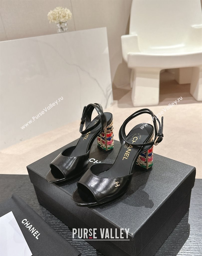 Chanel Shiny Calfskin Strap Sandals 8.5cm with Colored Heel Black 2024 0424 (MD-240424081)