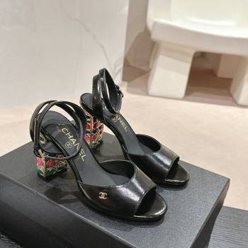 Chanel Shiny Calfskin Strap Sandals 8.5cm with Colored Heel Black 2024 0424 (MD-240424081)
