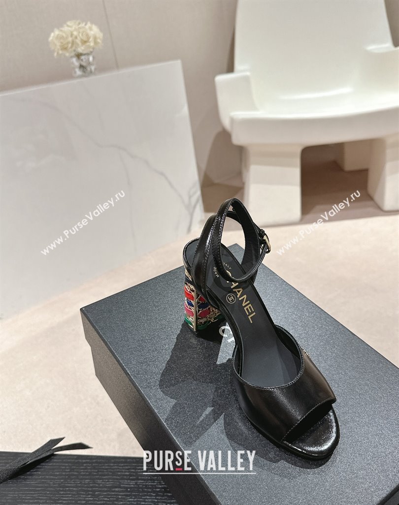Chanel Shiny Calfskin Strap Sandals 8.5cm with Colored Heel Black 2024 0424 (MD-240424081)