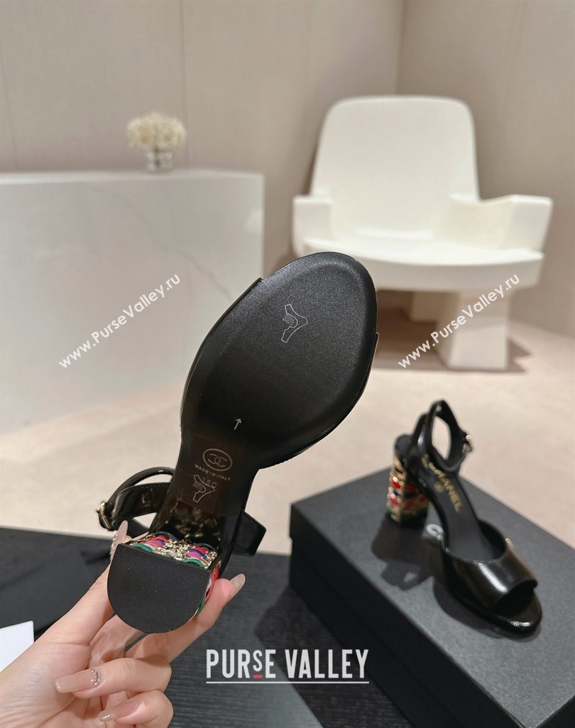 Chanel Shiny Calfskin Strap Sandals 8.5cm with Colored Heel Black 2024 0424 (MD-240424081)