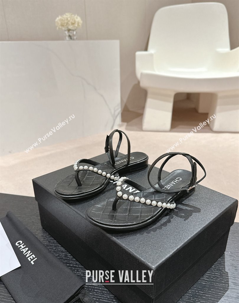Chanel Lambskin Flat Thong Sandals with Pearls Black 2024 0424 (MD-240424082)