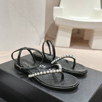 Chanel Lambskin Flat Thong Sandals with Pearls Black 2024 0424 (MD-240424082)