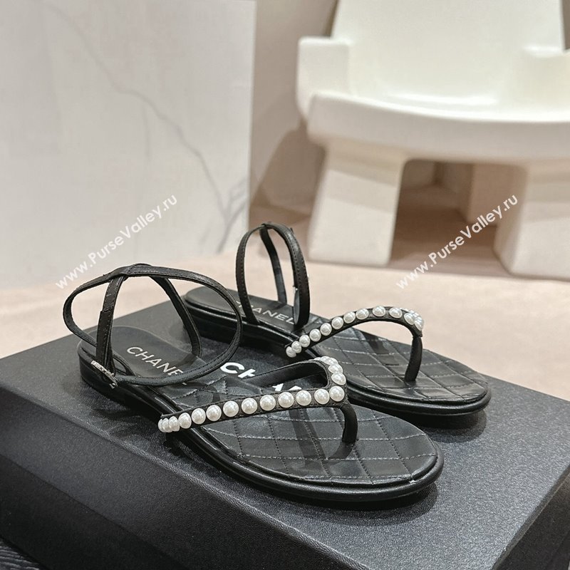 Chanel Lambskin Flat Thong Sandals with Pearls Black 2024 0424 (MD-240424082)